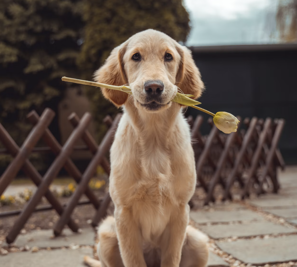 A golden retriever puppy sitting outdoors on stone tiles holding a single yellow tulip in its mouth.