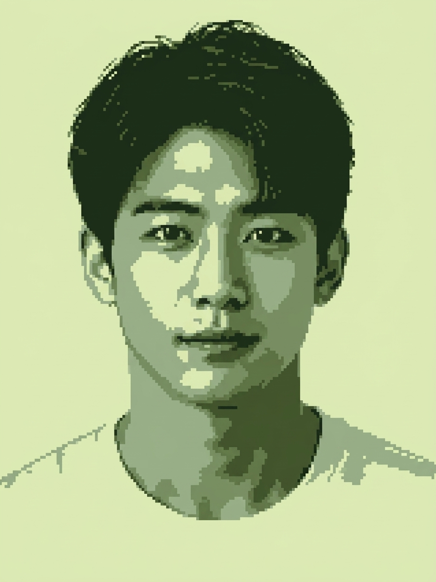 Monochrome 8-bit pixel art portrait of the young man rendered in four shades of olive green reminiscent of a classic Game Boy LCD screen.