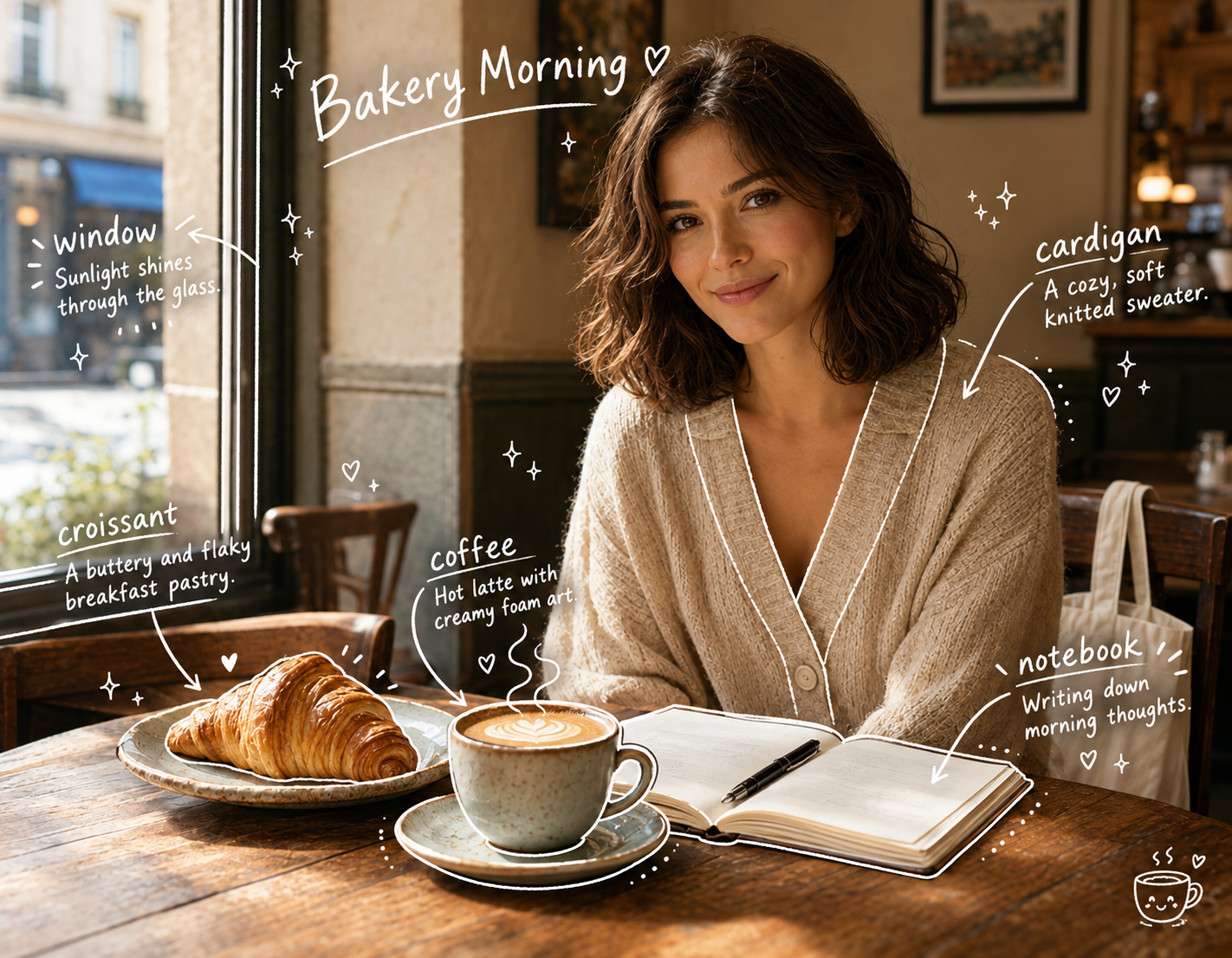 Cafe portrait overlaid with white hand-drawn scrapbook doodles, arrows, and vocabulary definitions labeling the window, croissant, coffee, cardigan, and notebook.
