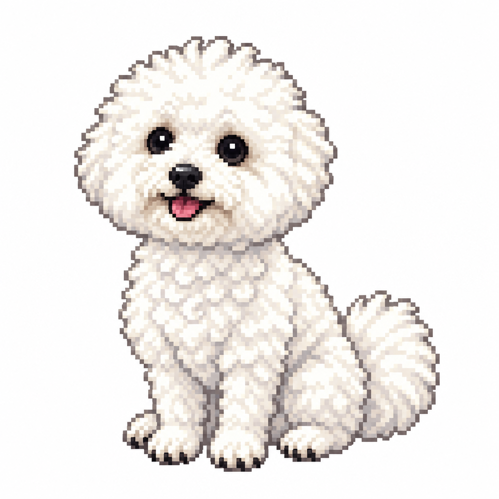 Pixel art sprite of a fluffy white bichon frise puppy sitting with an open mouth and tongue out on a white background.