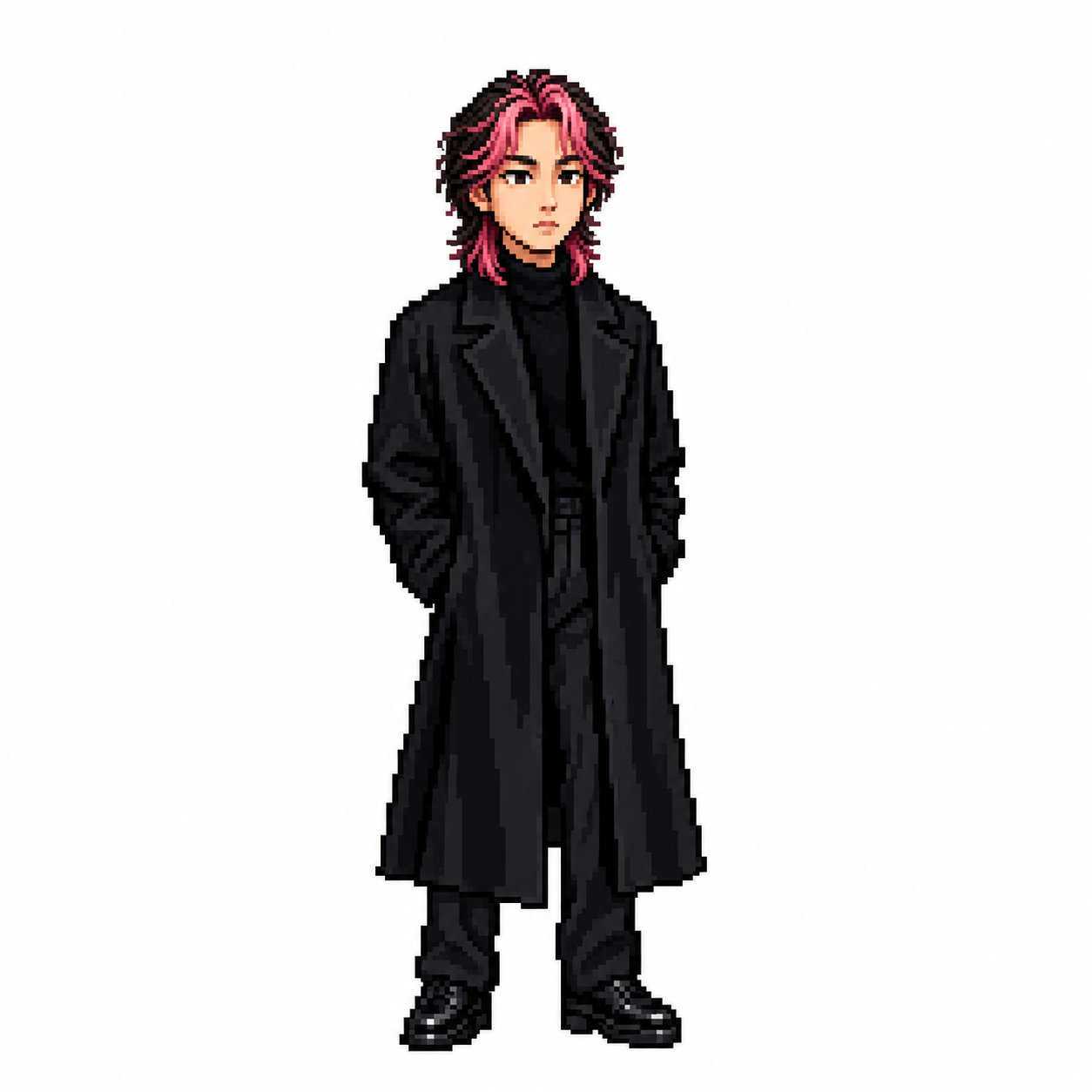 Pixel art full-body sprite of a character with pink and dark hair, wearing a long black coat and turtleneck on a solid white background.