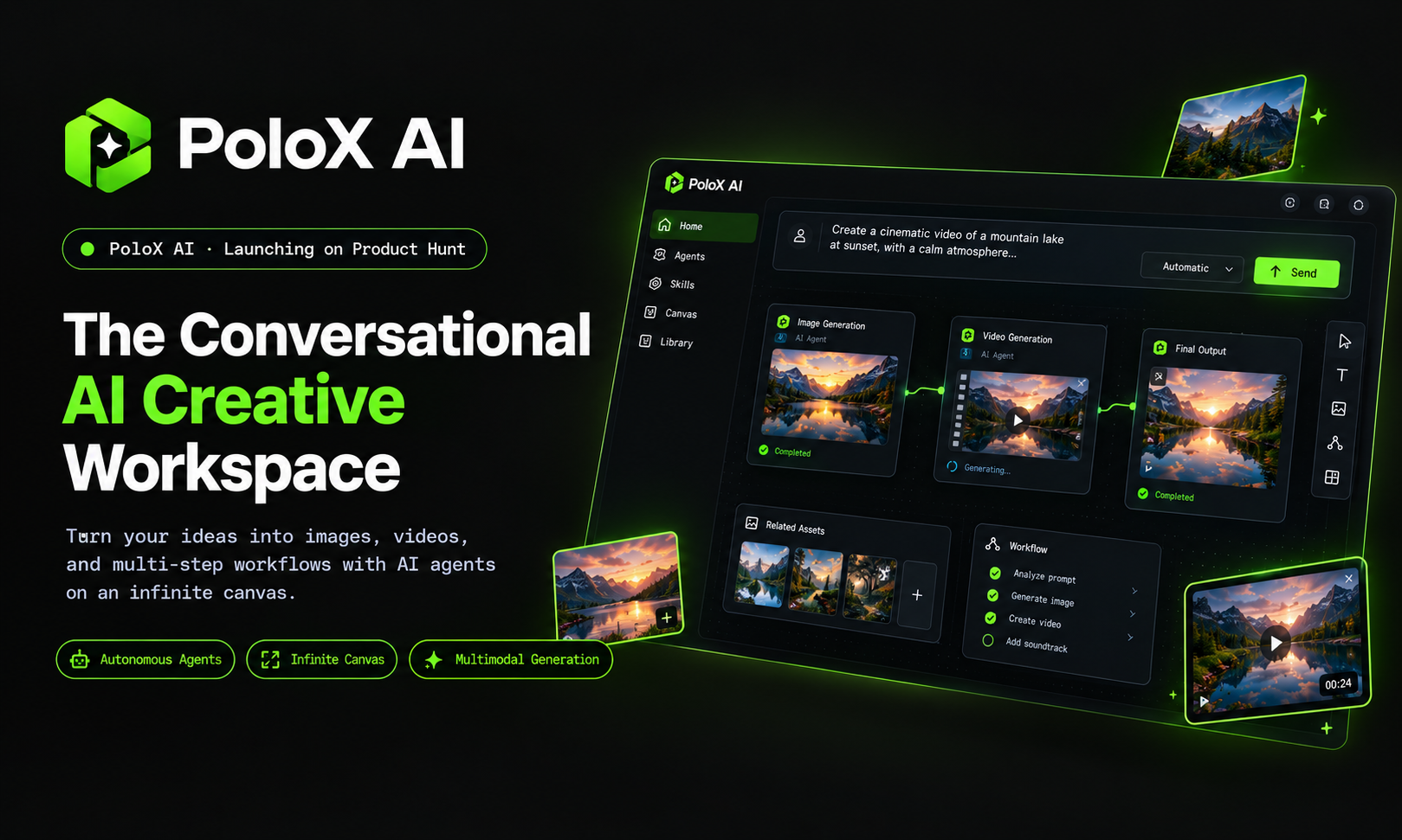 Product Hunt launch gallery cover slide titled 'The Conversational AI Creative Workspace' with tilted dark UI mockups displaying image-to-video workflow nodes.