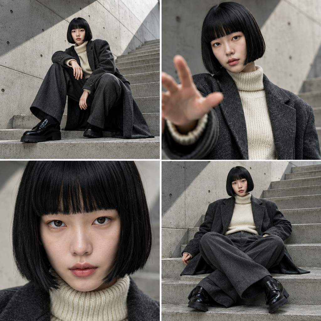 A four-panel fashion grid showing the same woman in varied poses on concrete steps, including crouching, reaching forward, a tight facial portrait, and sitting cross-legged.