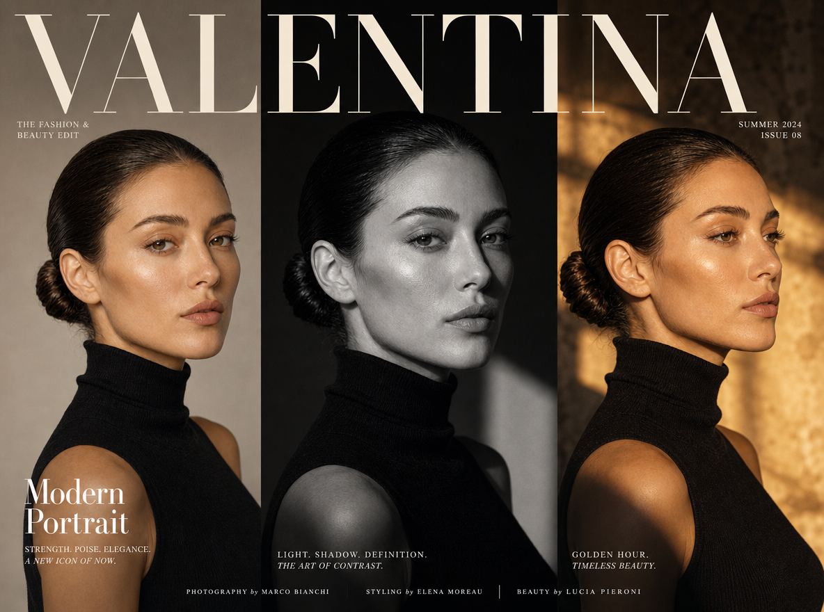 Three-panel fashion magazine cover titled 'VALENTINA' showing the same woman in soft neutral light, dramatic black and white, and warm golden sunlight.