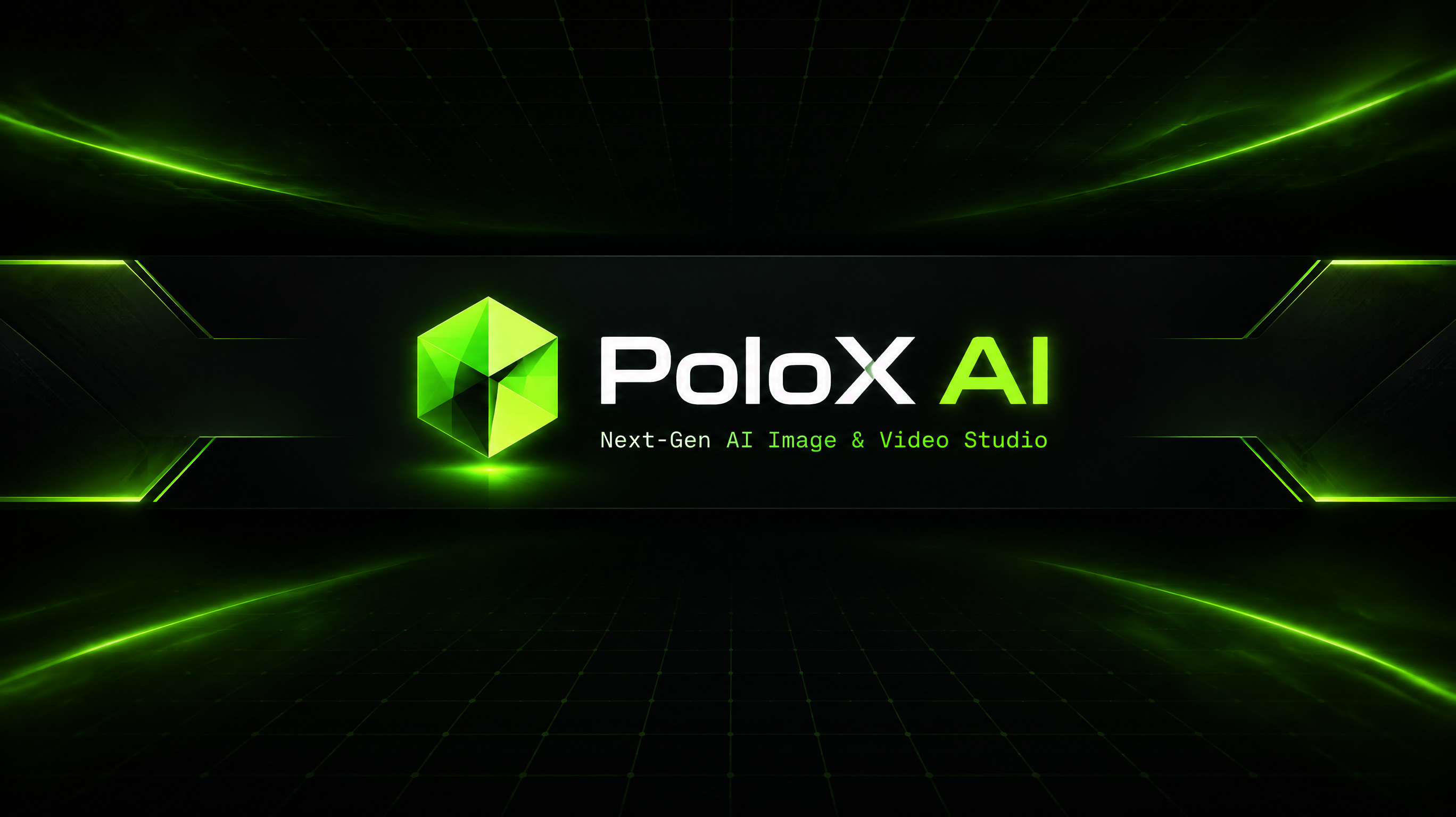 Dark futuristic YouTube banner with a glowing lime green faceted cube logo, the text 'PoloX AI', and the tagline 'Next-Gen AI Image & Video Studio' on a dark tech background.