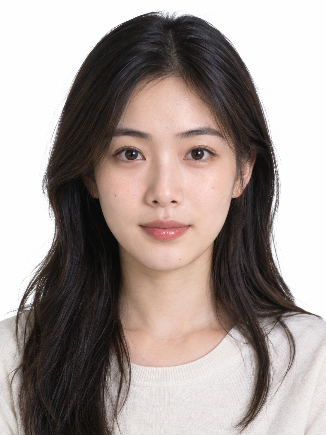Passport-style portrait of a young East Asian woman with long dark wavy hair against a plain white background.