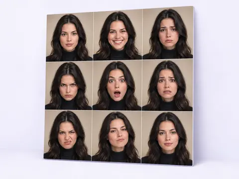 A 3x3 photo grid showing the same dark-haired woman against a neutral studio backdrop with nine distinct facial expressions from joy to anger.