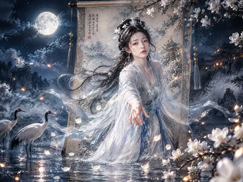 A woman in flowing celestial Hanfu steps out from an ancient Chinese hanging scroll into moonlit water surrounded by cranes and white blossoms.