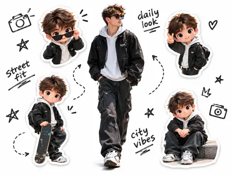 A stylish young man standing in streetwear surrounded by four chibi sticker clones of himself, accompanied by sketched doodles and lifestyle text.