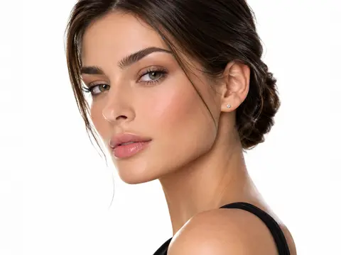 Close-up portrait of a woman with dark hair in an updo, showing a sharply sculpted jawline and smooth neck profile against a plain white background.