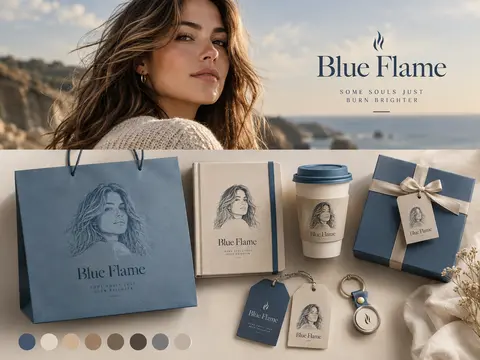 Split poster showing a woman's seaside portrait on top and branded merchandise below, including a shopping bag, notebook, and coffee cup with sketched art.
