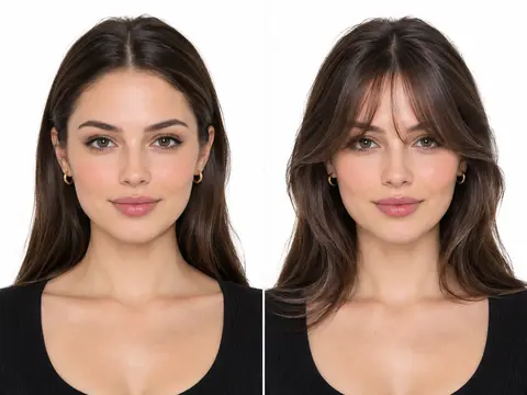 Side-by-side comparison of a brunette woman with an open forehead on the left and soft curtain bangs on the right.