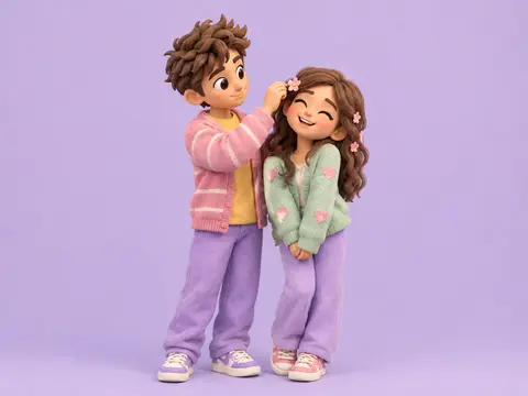 Cute 3D clay-style boy in a pink cardigan tucking a small flower into a laughing girl's hair against a pastel purple background.