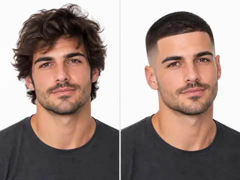 Side-by-side portrait comparison of a man with shaggy dark hair on the left transformed into a clean skin-fade buzz cut on the right.