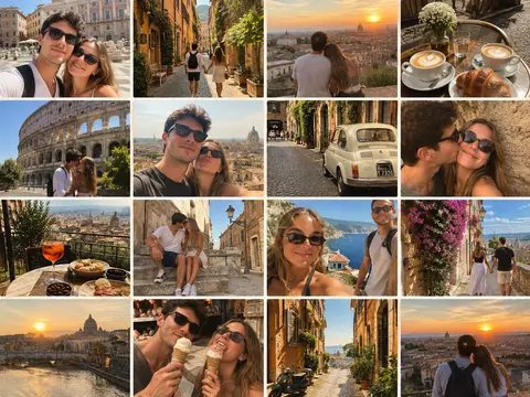A 4x4 grid photo collage capturing candid moments of a young couple vacationing in Rome and Florence, featuring selfies, sunsets, gelato, and street scenes.