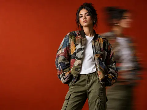 Cinematic studio portrait of a woman in an oversized patchwork bomber jacket and cargo pants against a red backdrop, with a motion-blurred echo behind her.