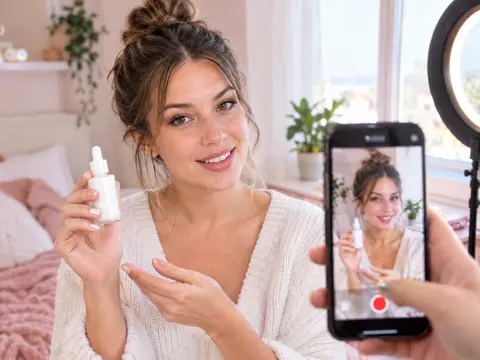 A woman in a cozy sweater smiles while presenting a skincare serum bottle, filmed by a smartphone on a tripod with a ring light.