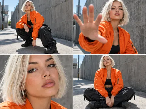 A four-panel fashion photo grid of a blonde woman in an orange bomber jacket and black cargo pants posing in various angles in an urban alley.