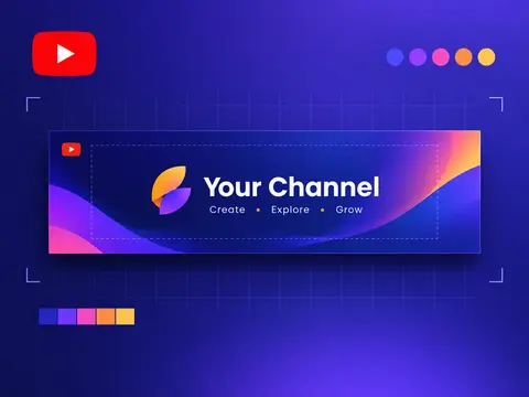 YouTube channel banner mockup on a purple grid background featuring a colorful gradient banner with a logo and text Your Channel Create Explore Grow.