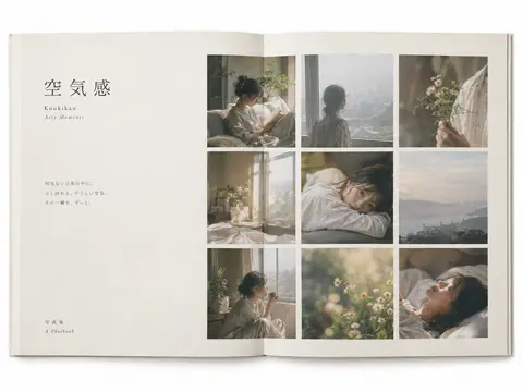 Open Japanese photobook spread with a 3x3 grid of hazy, muted film photos of a woman relaxing, alongside elegant Japanese typography.
