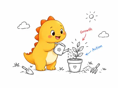 Minimalist ink illustration of a cute yellow baby dinosaur watering a potted plant, with red and blue handwritten labels reading Growth and Action.