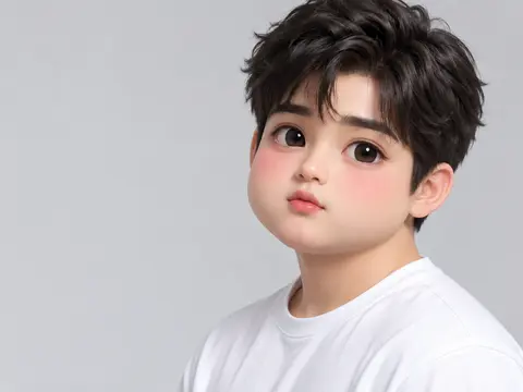 Cute 3D doll avatar of a young man with puffy cheeks, rosy blush, large dark eyes, and tousled black hair against a grey background.