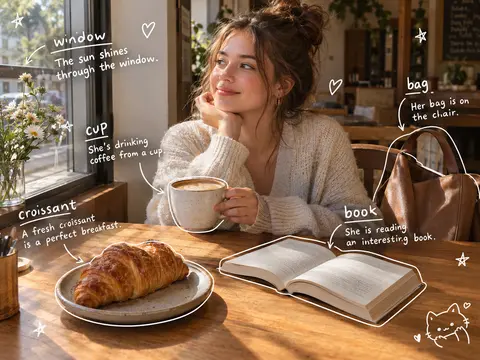 Woman sitting at a sunlit cafe table with coffee and croissant, annotated with white hand-drawn doodle outlines and English vocabulary labels.