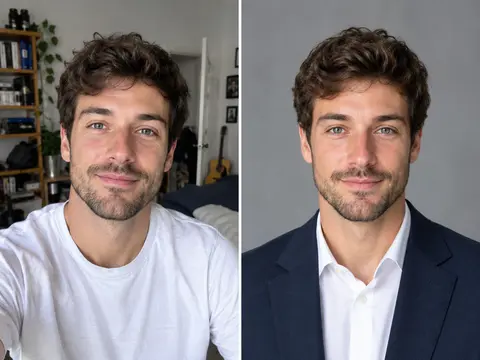 Side-by-side comparison of a man in a casual white t-shirt at home transformed into a professional headshot wearing a dark blazer against a grey backdrop.