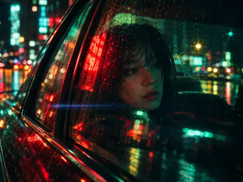 Cinematic portrait of a woman looking out a rain-streaked car window at night, illuminated by red and green neon city reflections.