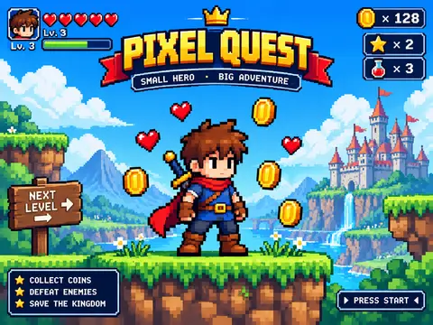 Pixel art video game screen titled Pixel Quest showing a young adventurer sprite on a grassy ledge with a castle in the background.