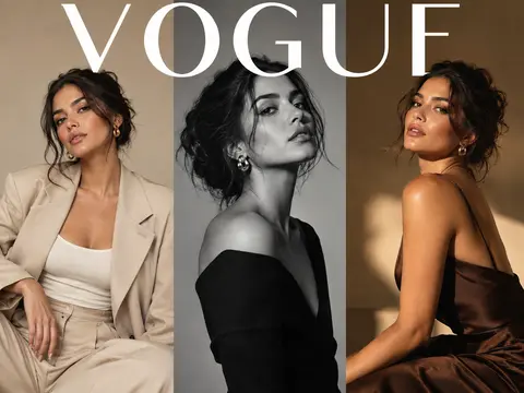 Three-panel editorial triptych poster of a woman in beige suit, black off-shoulder dress, and brown slip dress, with VOGUE text above.