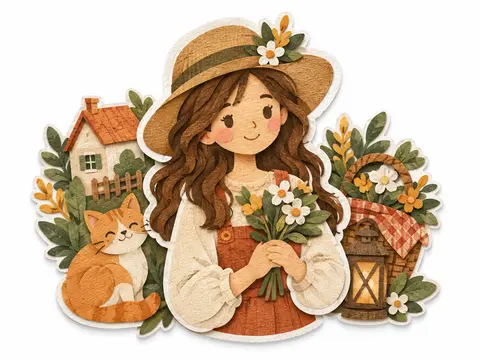 Layered paper-cut sticker illustration of a young girl in a sun hat holding flowers, with an orange cat, small cottage, and picnic basket.